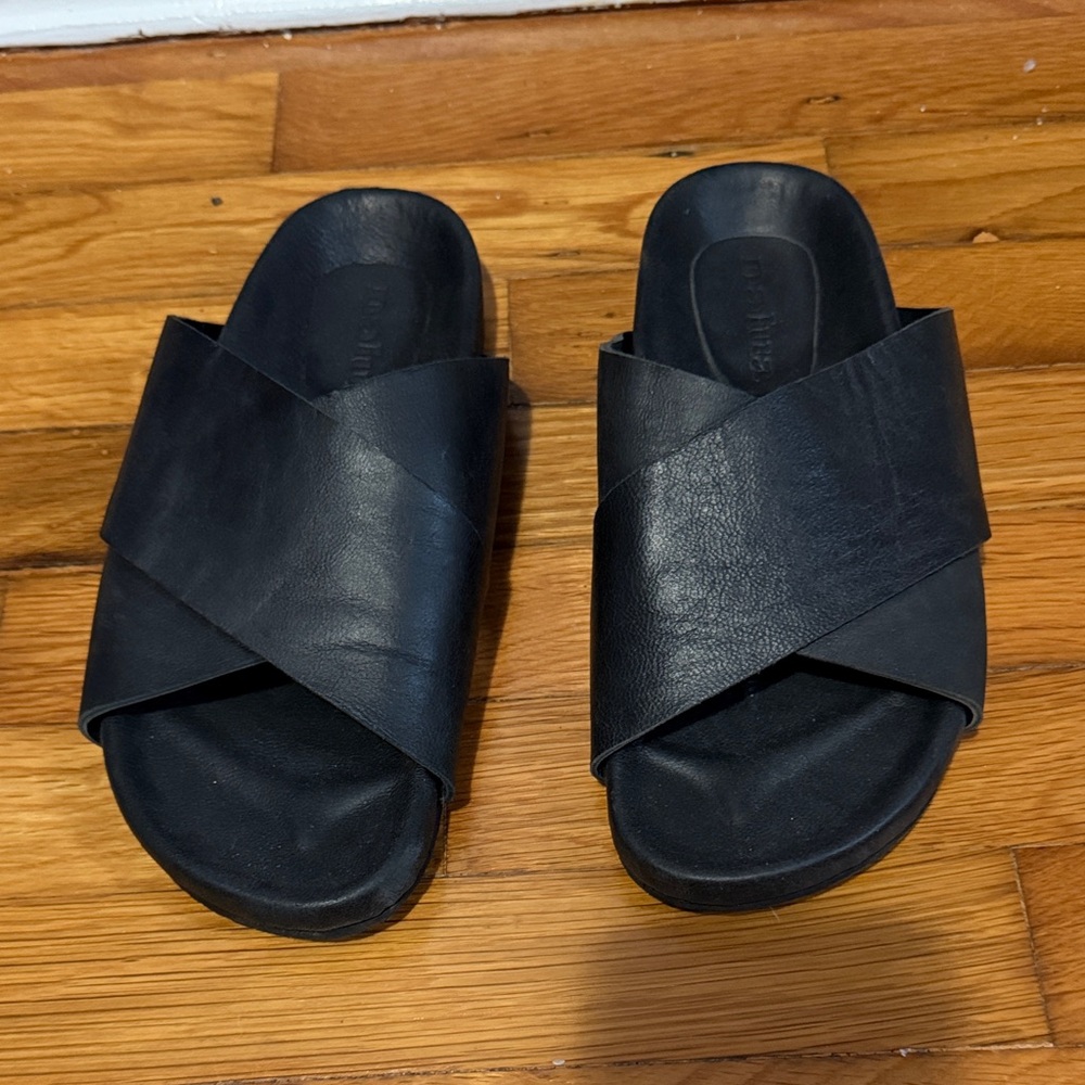 Black Leather Slide Sandals